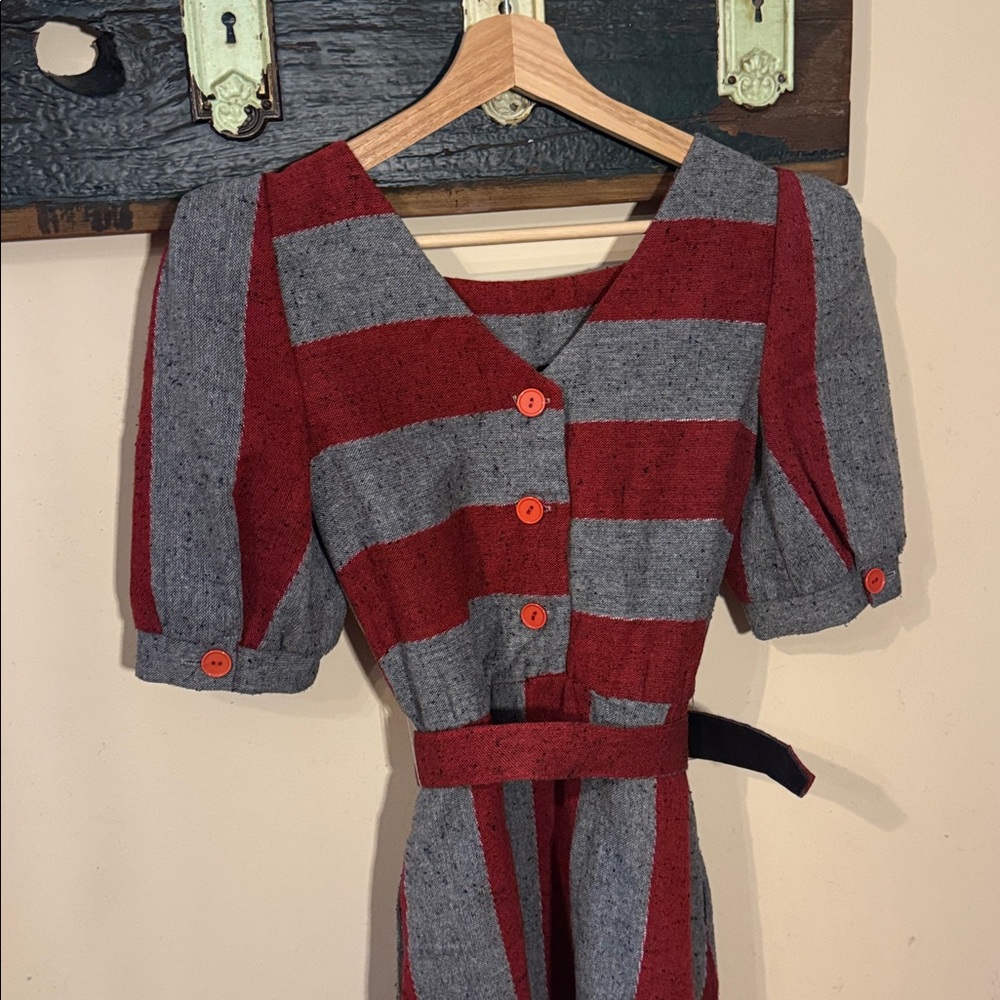 Vintage Jolibel Red and Grey Striped Pleated Dress - Picture 14 of 16
